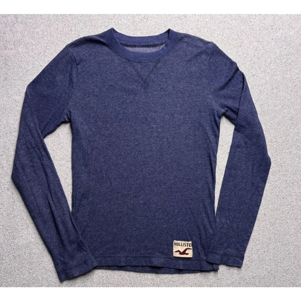 Y2K Hollister Long Sleeve Thermal Shirt Mens Small Blue Ribbed Waffle Knit